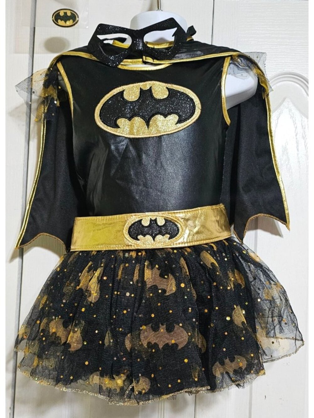 Batgirl Tutu Costume Girl 4-6 Batwoman DC Comic Batman Dress Cape Mask Belt Gold